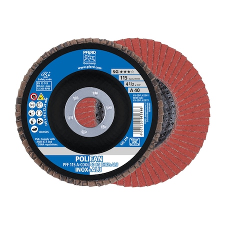 Pferd 4-1/2" x 7/8" A.H. POLIFAN Flap Disc - A-COOL SG INOX+ALU, Aluminum oxide, 40 Grit, Flat 62361